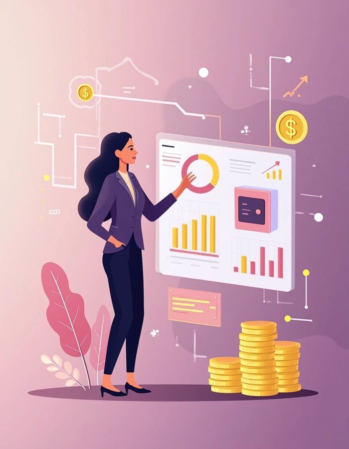 Ilustração de uma consultora apresentando um painel financeiro