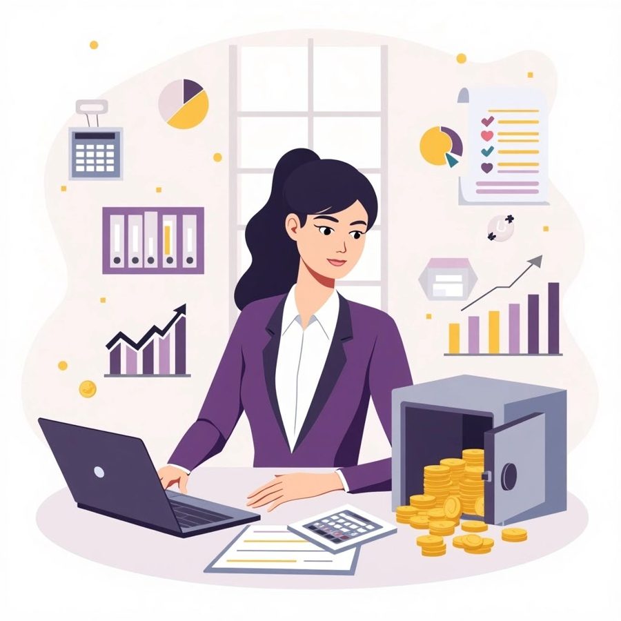Ilustração de uma consultora trabalhando com gráficos e planilhas
